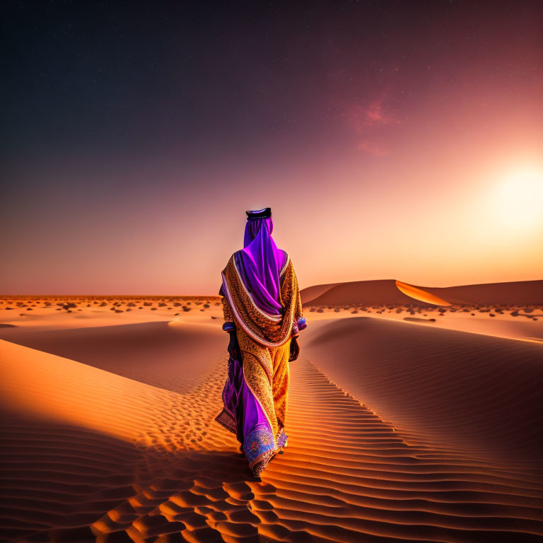 Person in traditional attire surrounded by desert dunes under starry sky and sunset horizon