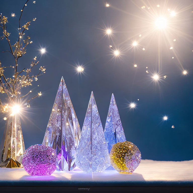 Crystal Christmas trees and sparkling orbs on snow under starry night sky