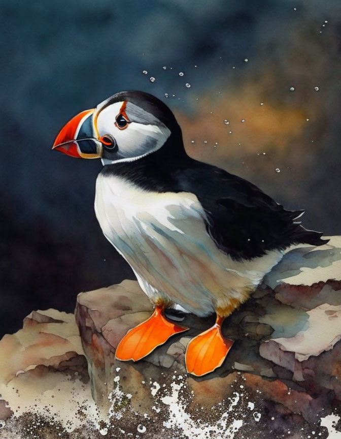 Vibrant puffin on rocky ledge with water droplets in the air