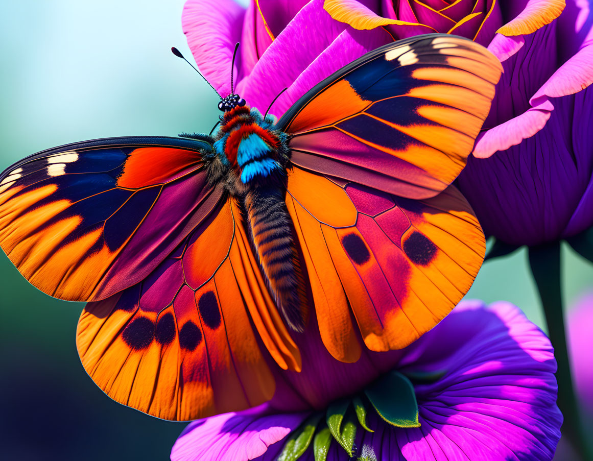 Colorful butterfly on purple flower in green background