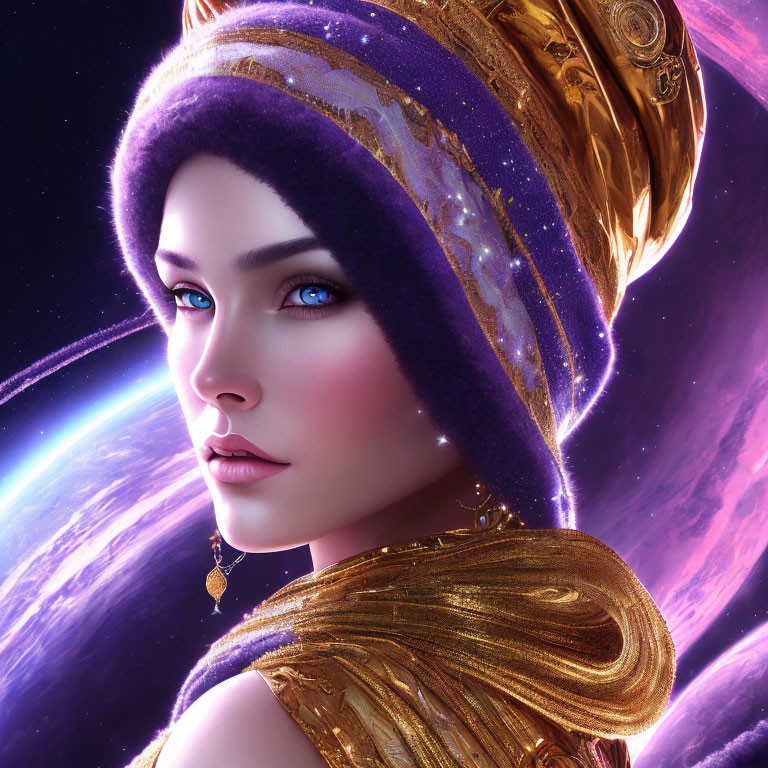 Digital artwork: Woman with blue eyes in galaxy headdress on cosmic background