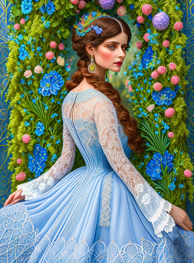 Elegant woman in blue lace dress surrounded by vibrant flowers