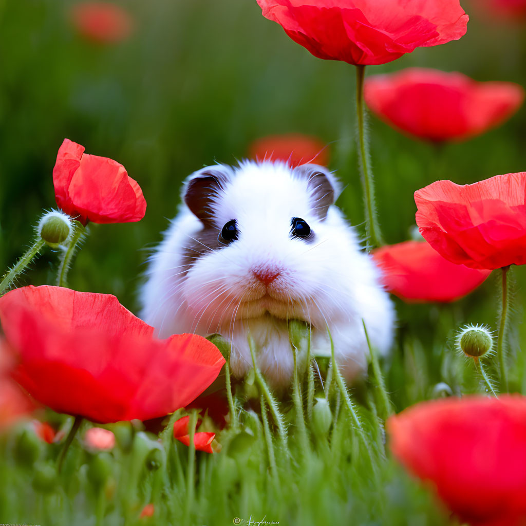 White Guinea Pig with Black Markings Among Red Poppies in Green Field