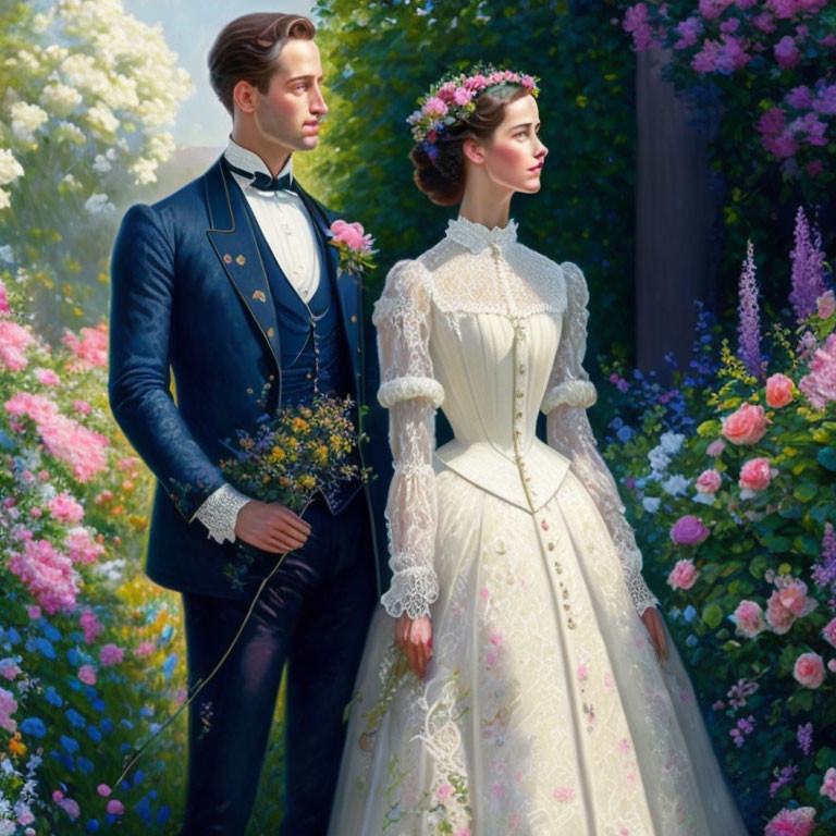 Elegant couple in blue suit and white lace wedding attire among vibrant flowers