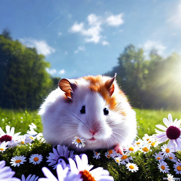 White and Brown Hamster Surrounded by Daisies on Sunny Day