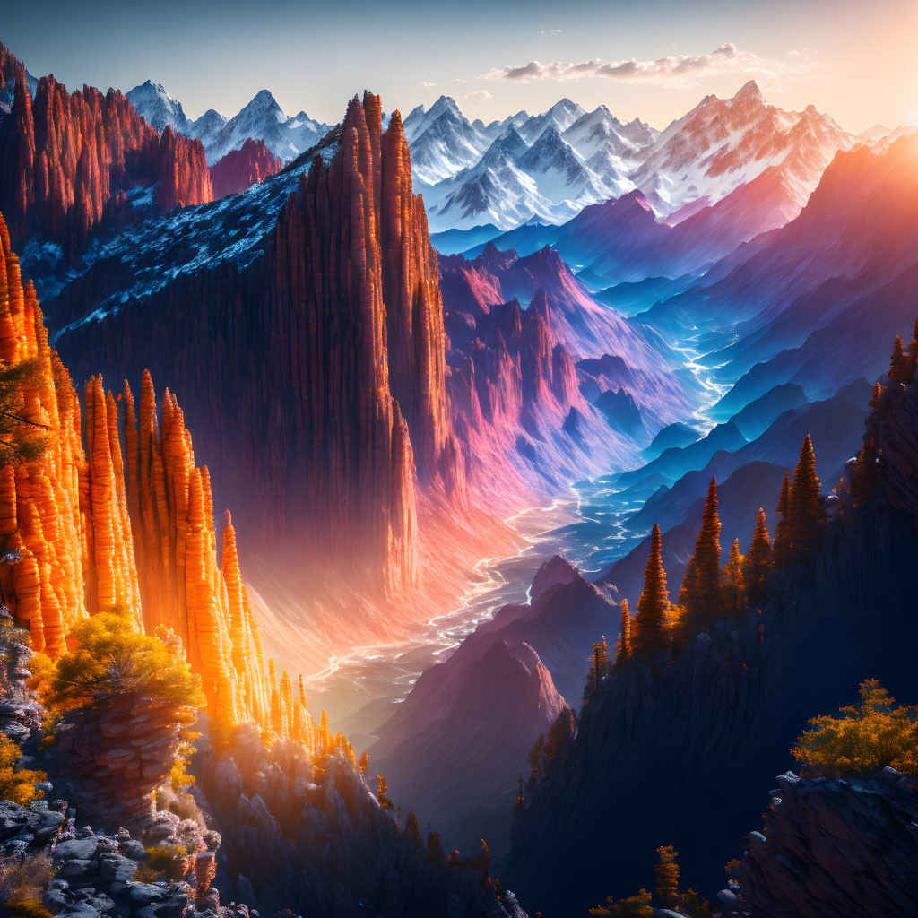 Sunlit red cliffs tower over winding river in valley with snow-capped peaks