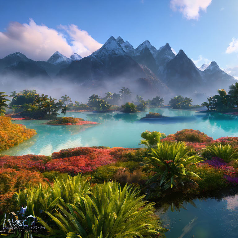 Tranquil Tropical Landscape with Turquoise Lake & Misty Mountains