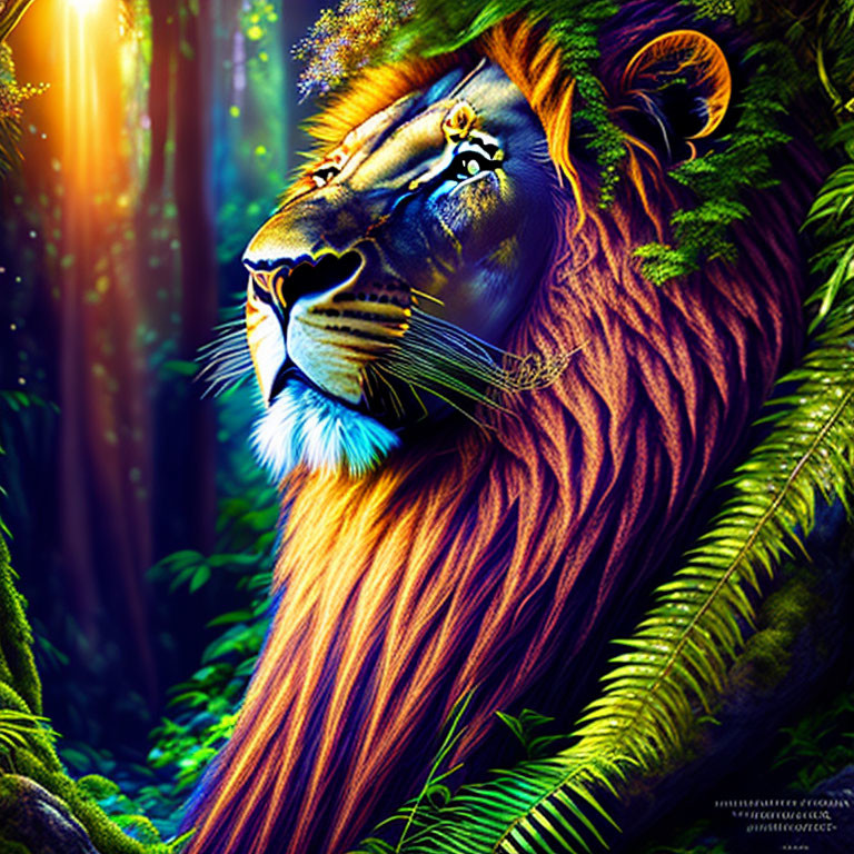 Colorful digital art: Lion profile merges with lush jungle, intense colors, intricate details of mystical forest