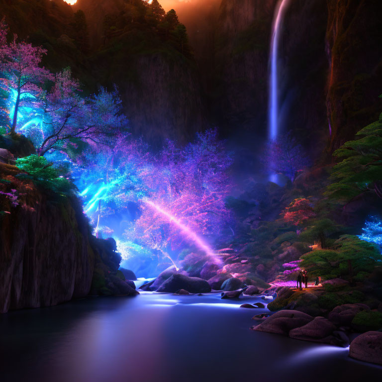 Mystical night scene with vibrant purple and blue lights illuminating trees and a waterfall