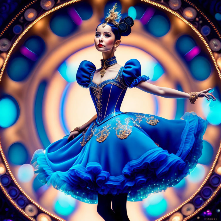 Stylized female figure in ornate blue and gold costume against glowing orbs