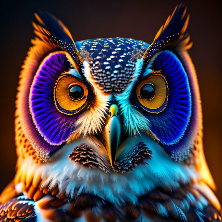 Colorful Owl Digital Artwork with Purple, Blue, and Orange Feathers