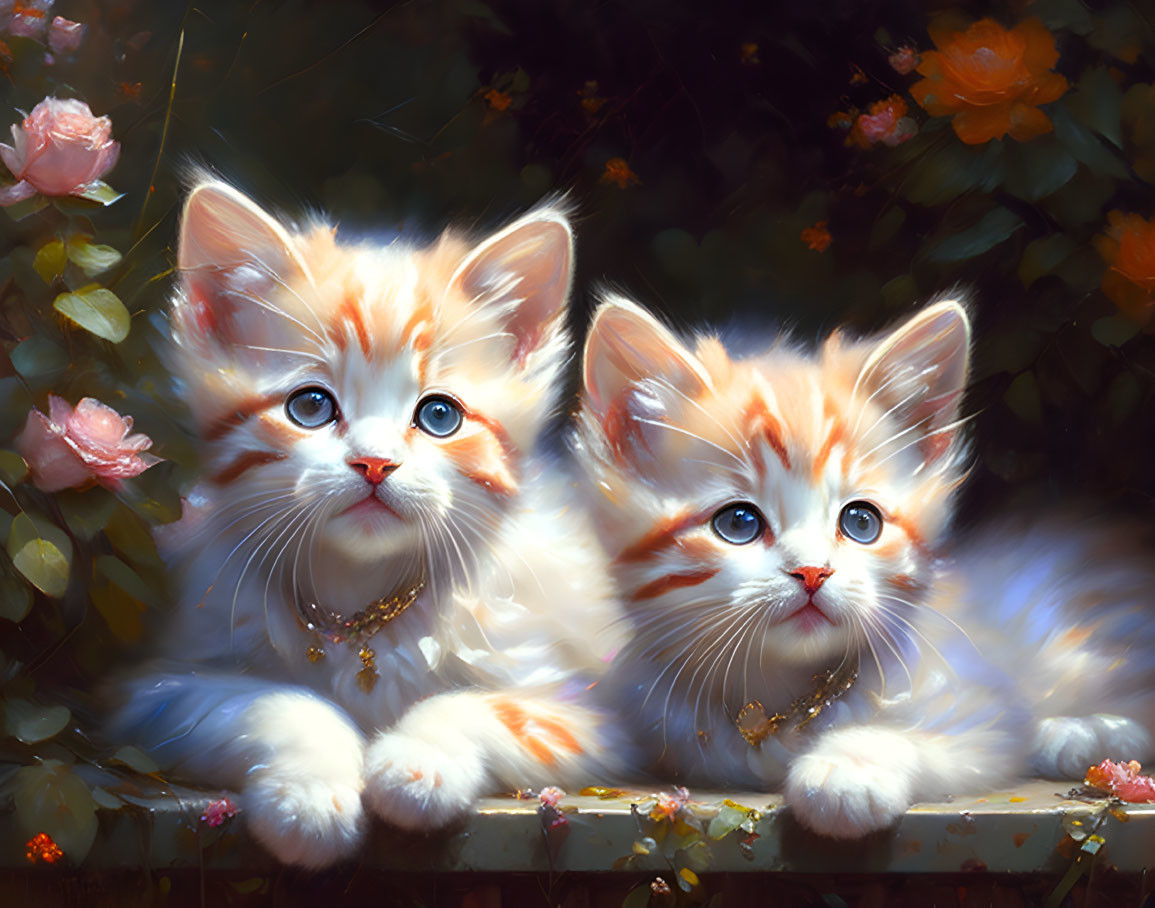 Fluffy Kittens with Blue Eyes and Gold Necklaces Surrounded by Flowers