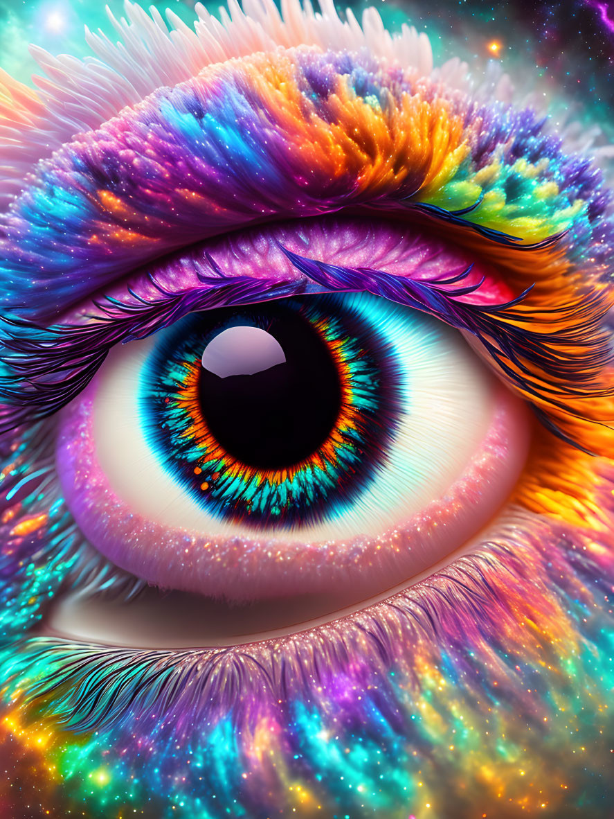 Colorful hyper-realistic eye with multicolored eyelashes and vibrant iris on starry background