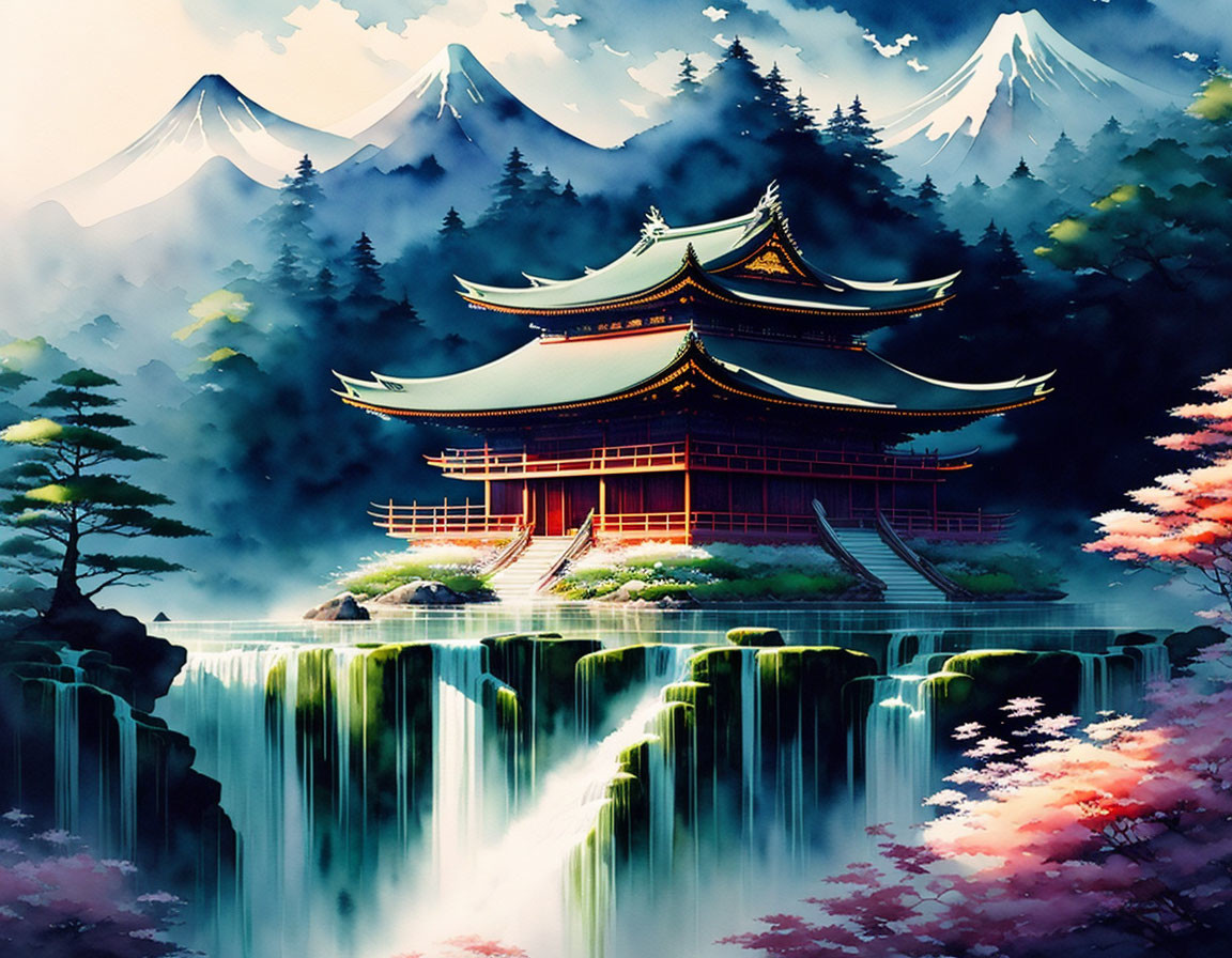 Traditional Japanese pagoda on waterfall with mountains and cherry trees