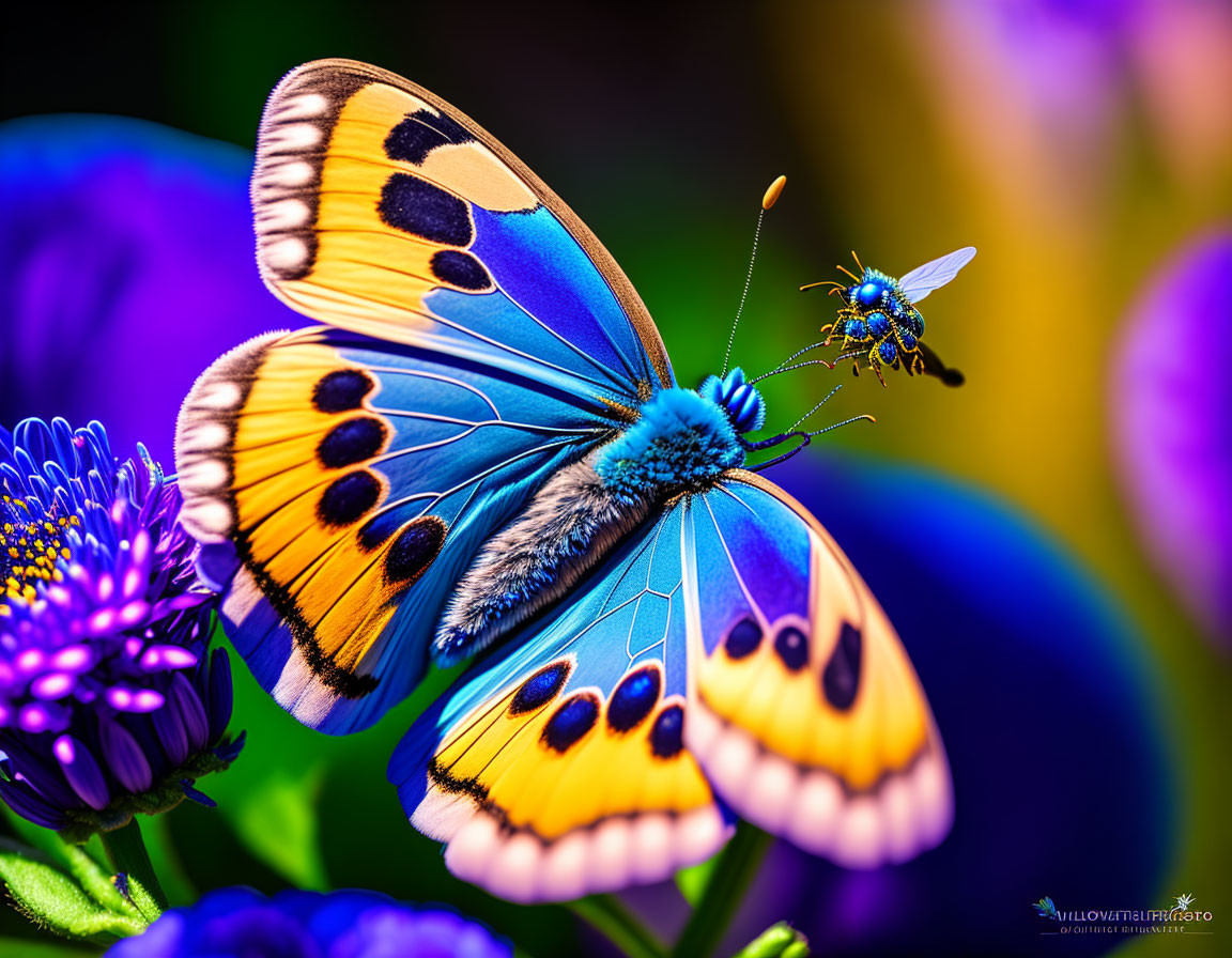 Colorful Butterfly and Fly Among Purple Flowers