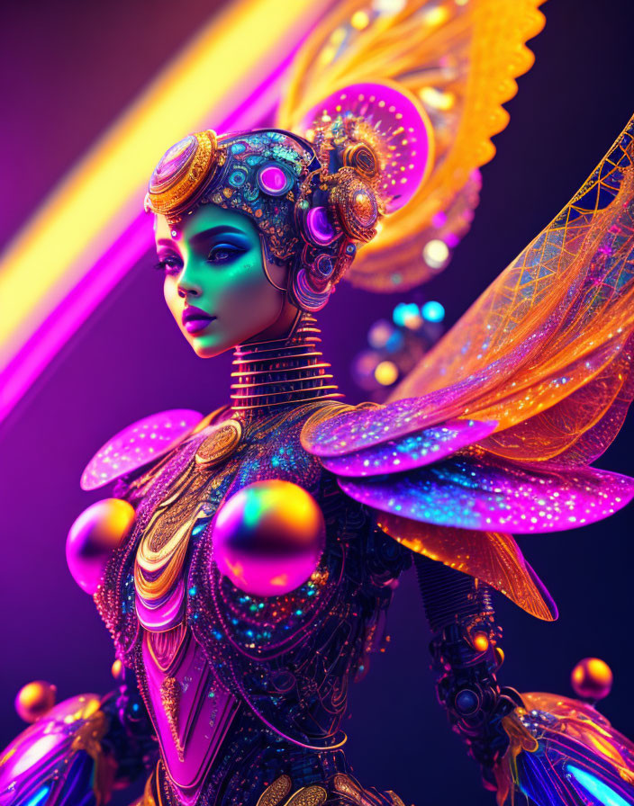 Colorful digital artwork of female figure with metallic robotic wings and ornate headgear on vibrant background