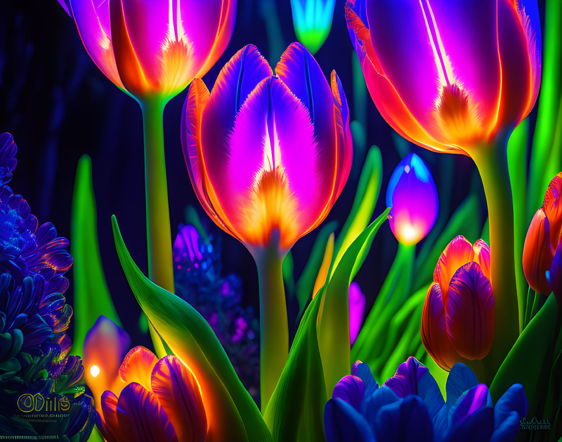 Colorful illuminated tulips on dark background showcasing purples, blues, and pinks