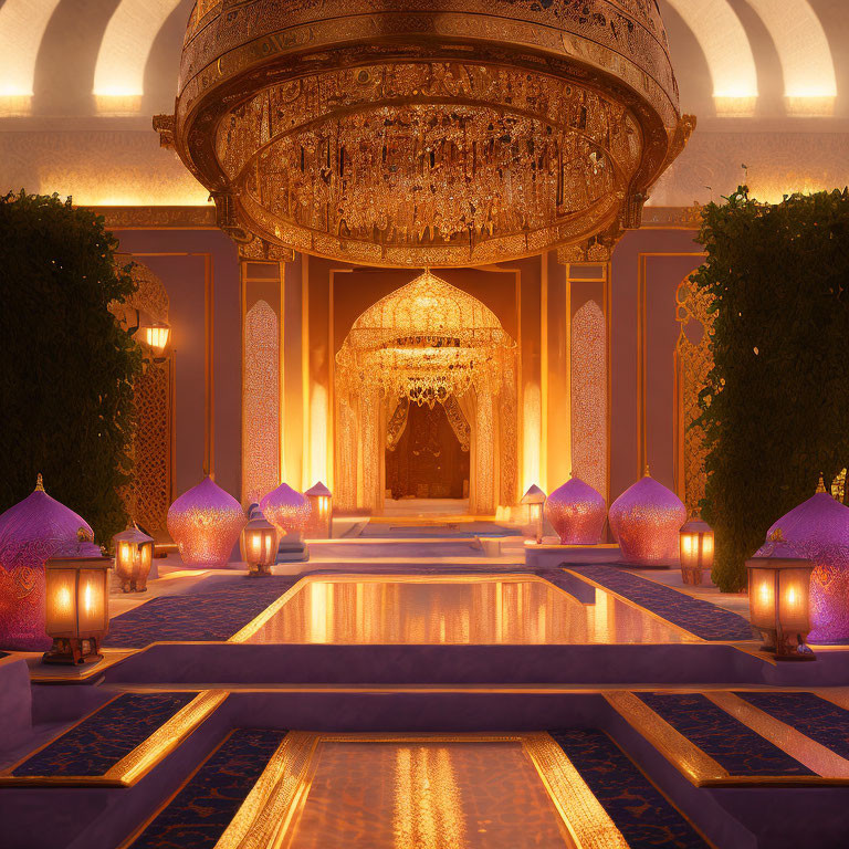 Luxurious Room with Golden Chandeliers and Reflective Pool