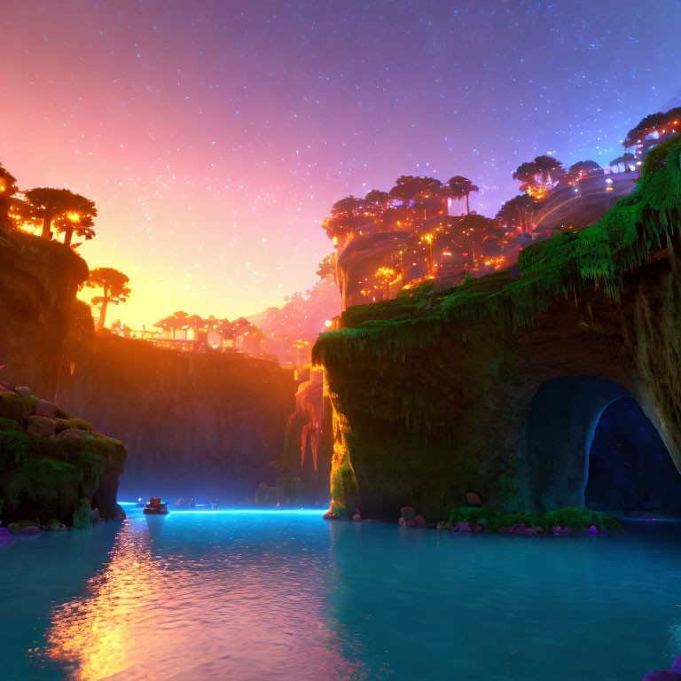 Twilight sky with stars over fantastical landscape and cave