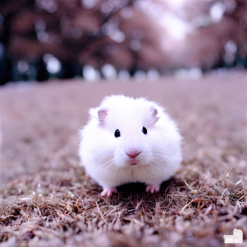 Fluffy white hamster on grassy field with dark eyes and ears