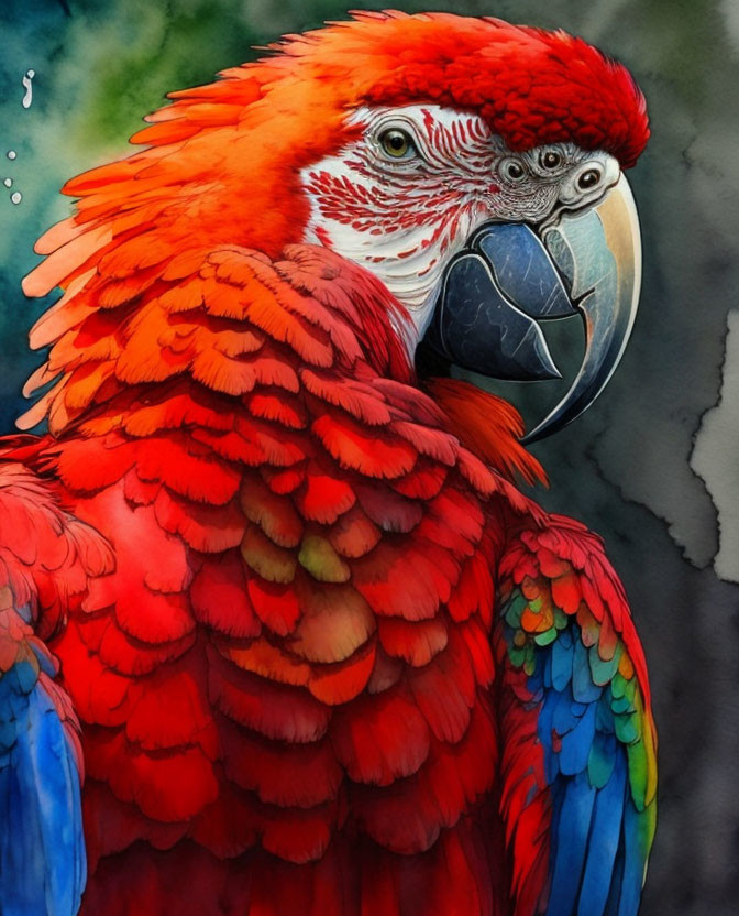 Detailed red macaw illustration with white face patch and striking beak against dark backdrop