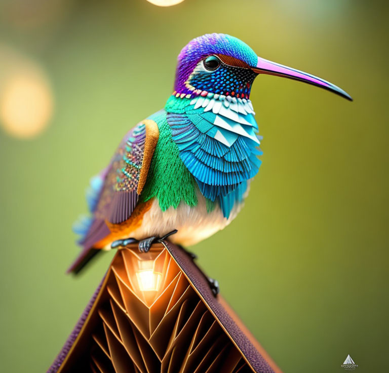 Colorful hummingbird on geometric structure with green background