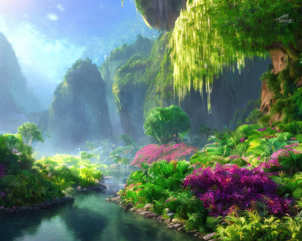 Tranquil fantasy landscape with lush foliage, flowers, river, and sunbeams