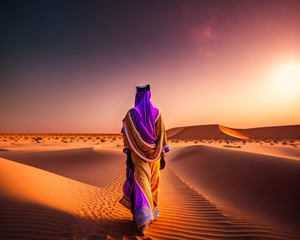 Person in traditional attire surrounded by desert dunes under starry sky and sunset horizon