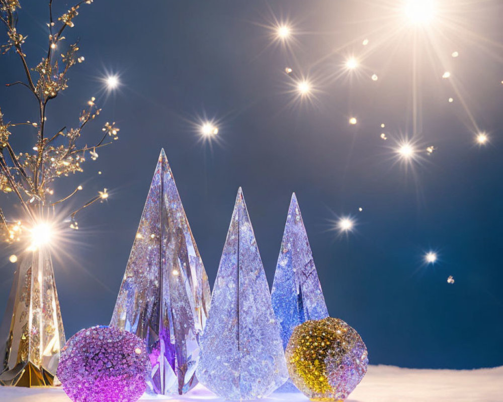 Crystal Christmas trees and sparkling orbs on snow under starry night sky