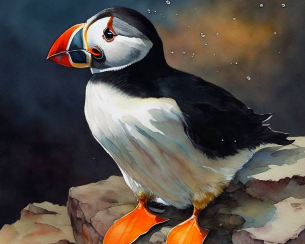 Vibrant puffin on rocky ledge with water droplets in the air