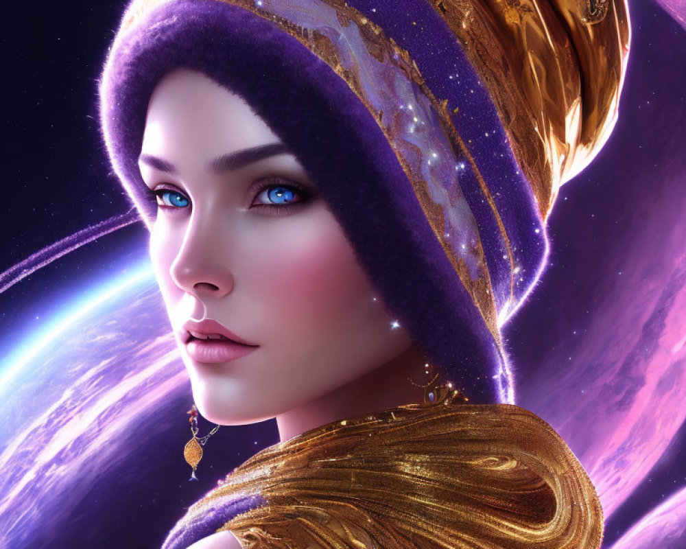 Digital artwork: Woman with blue eyes in galaxy headdress on cosmic background