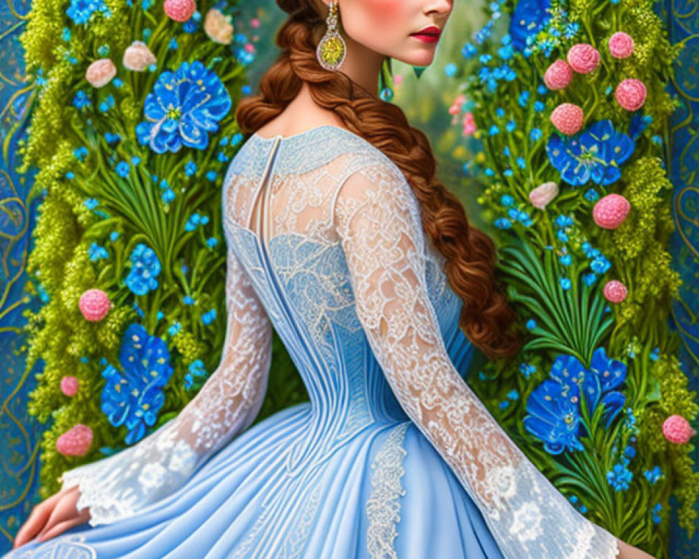 Elegant woman in blue lace dress surrounded by vibrant flowers