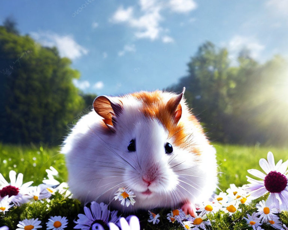 White and Brown Hamster Surrounded by Daisies on Sunny Day