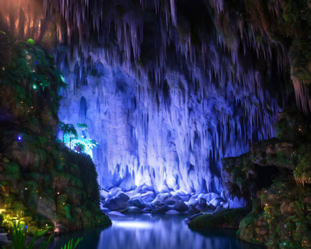 Mystical Cave with Blue Light, Water Reflection, Stalactites, Rocks & Foli