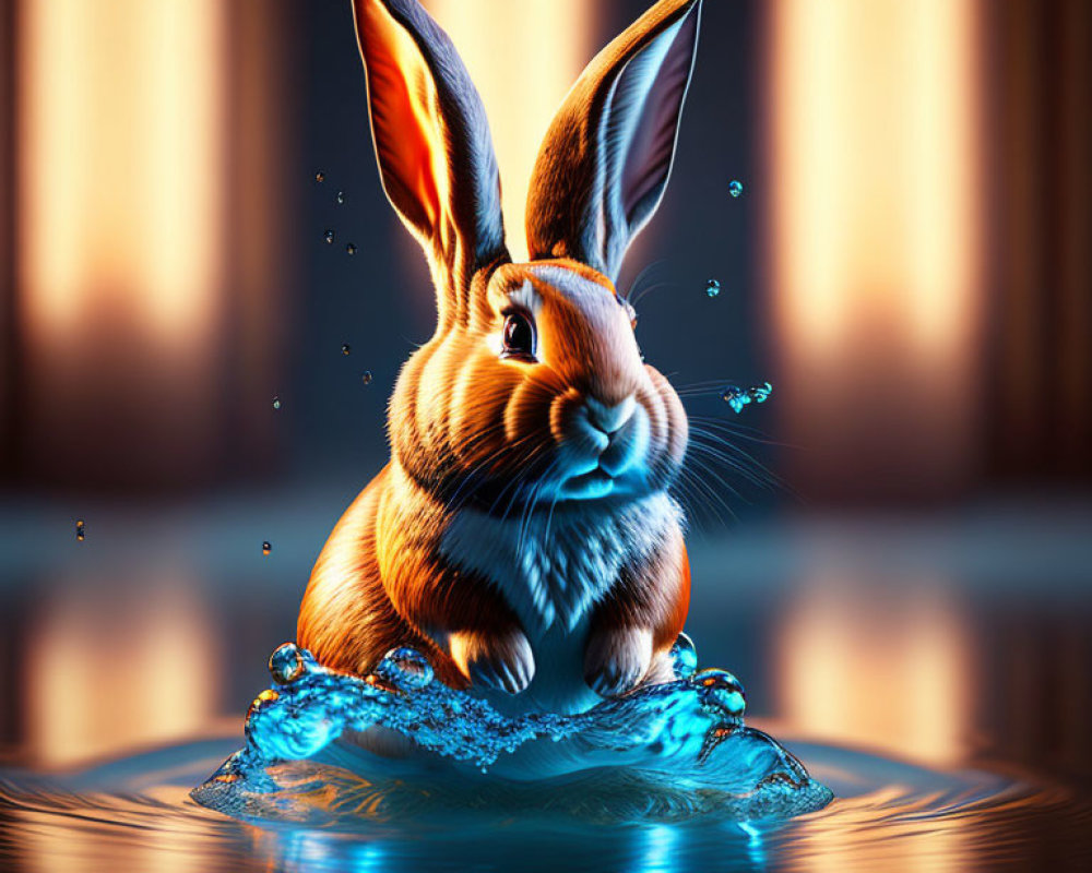 Realistic rabbit digital artwork with water splashes and warm background