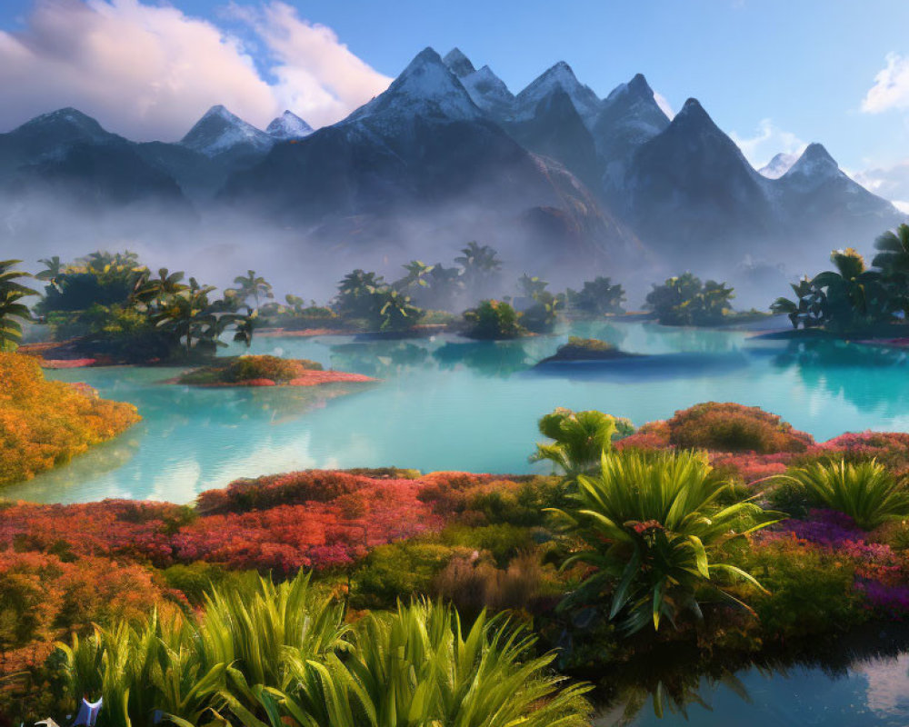 Tranquil Tropical Landscape with Turquoise Lake & Misty Mountains