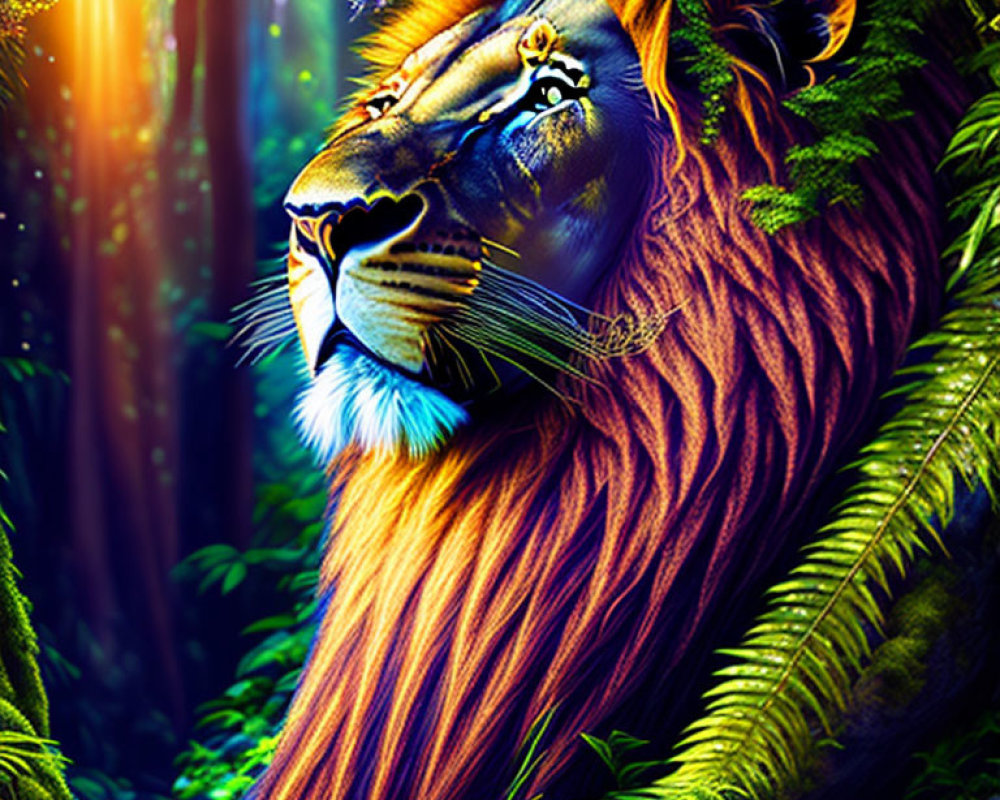 Colorful digital art: Lion profile merges with lush jungle, intense colors, intricate details of mystical forest