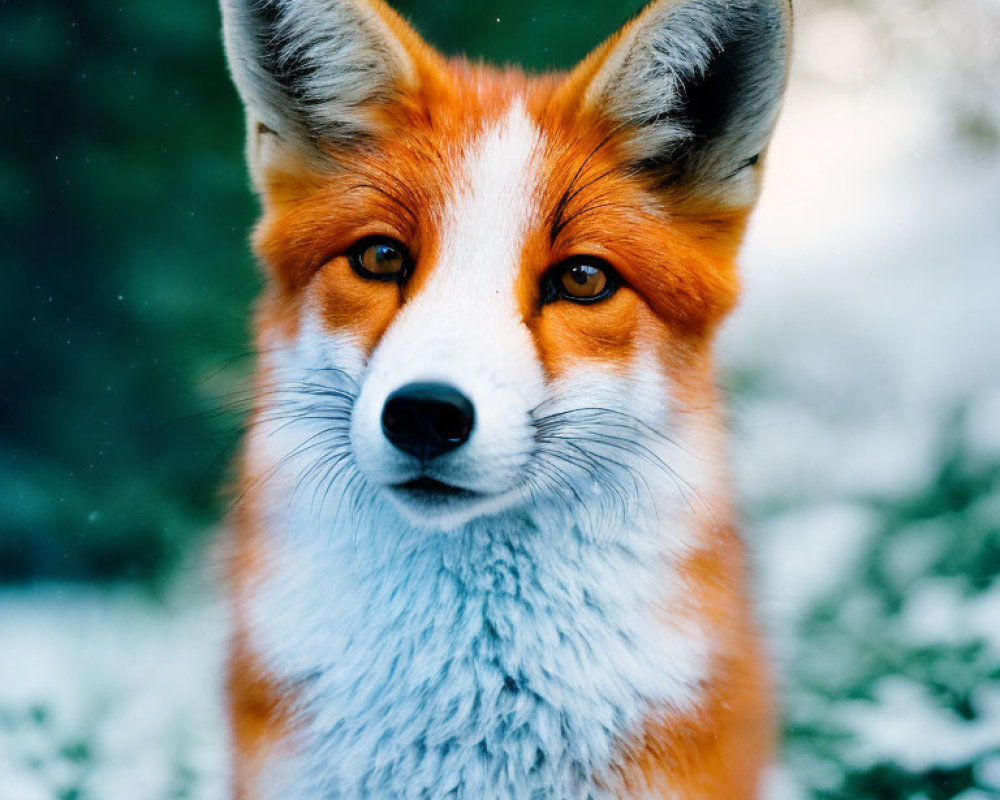 Vivid red fox with sharp eyes in snowy setting.