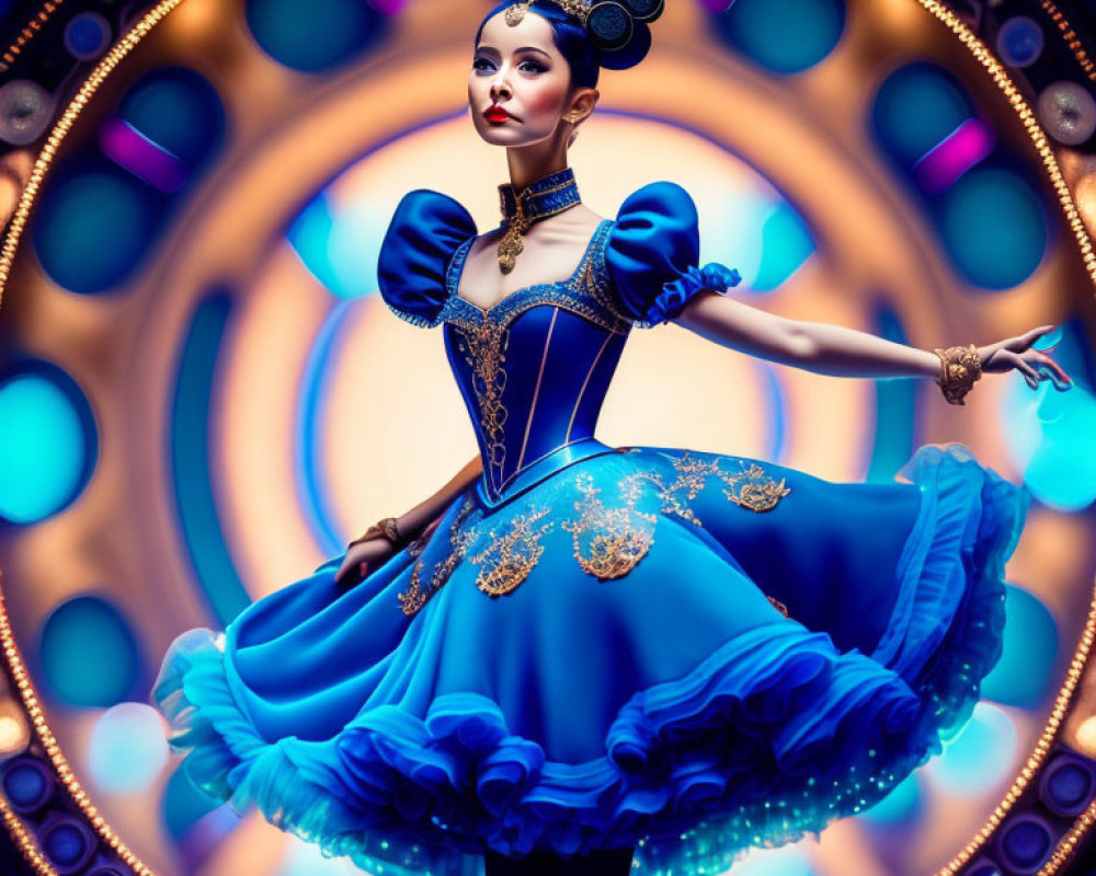 Stylized female figure in ornate blue and gold costume against glowing orbs