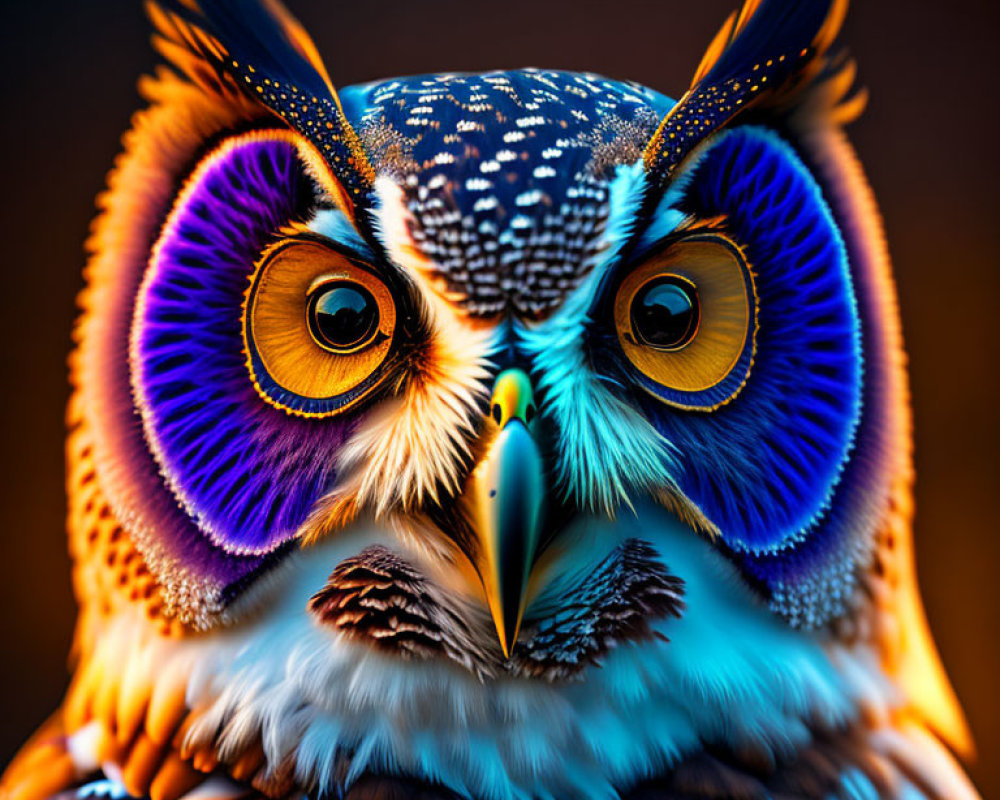 Colorful Owl Digital Artwork with Purple, Blue, and Orange Feathers