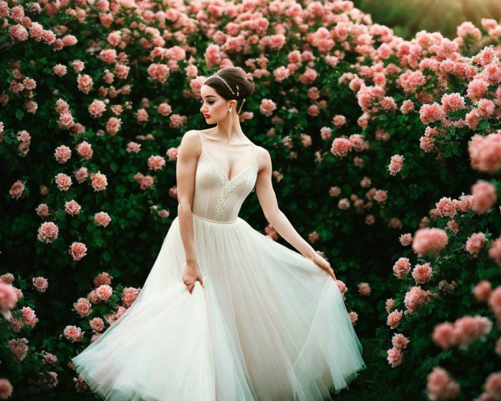 Woman in elegant dress posing amidst lush pink rosebushes