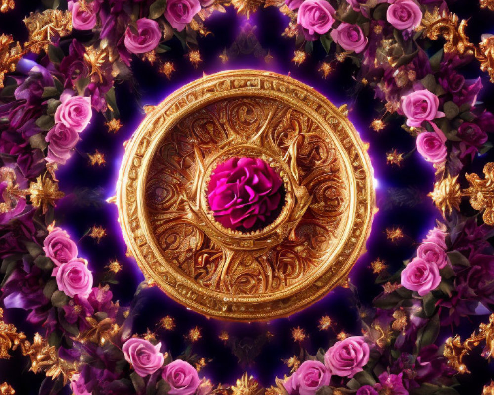 Golden medallion with central pink rose and intricate patterns on dark background