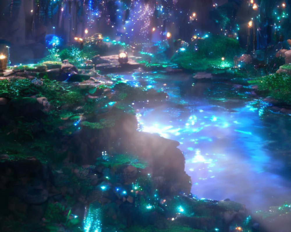 Nighttime enchanted forest with glowing blue streams and magical orbs, misty ambiance