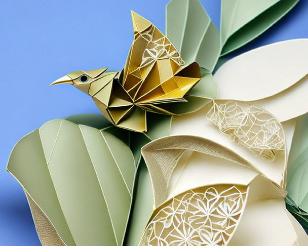 Detailed paper art sculpture featuring bird with patterned wings and leaves on blue background