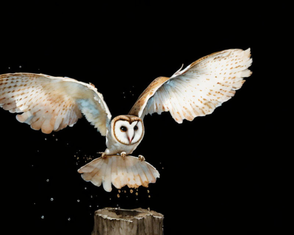 Flying owl with spread wings launching from stump on dark background