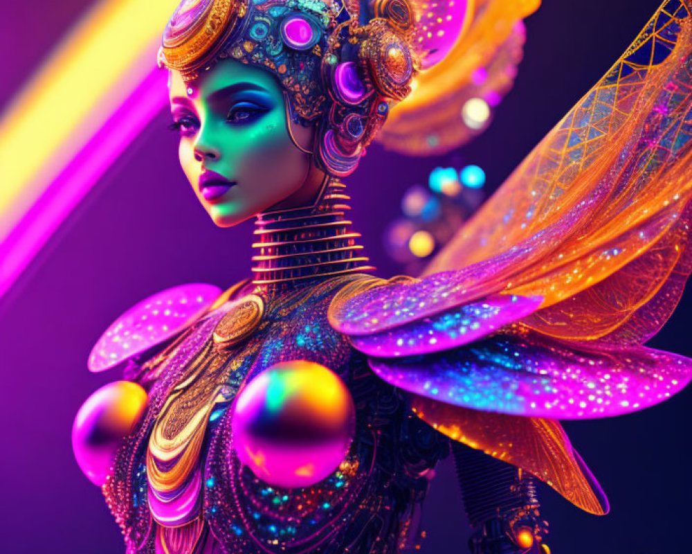 Colorful digital artwork of female figure with metallic robotic wings and ornate headgear on vibrant background