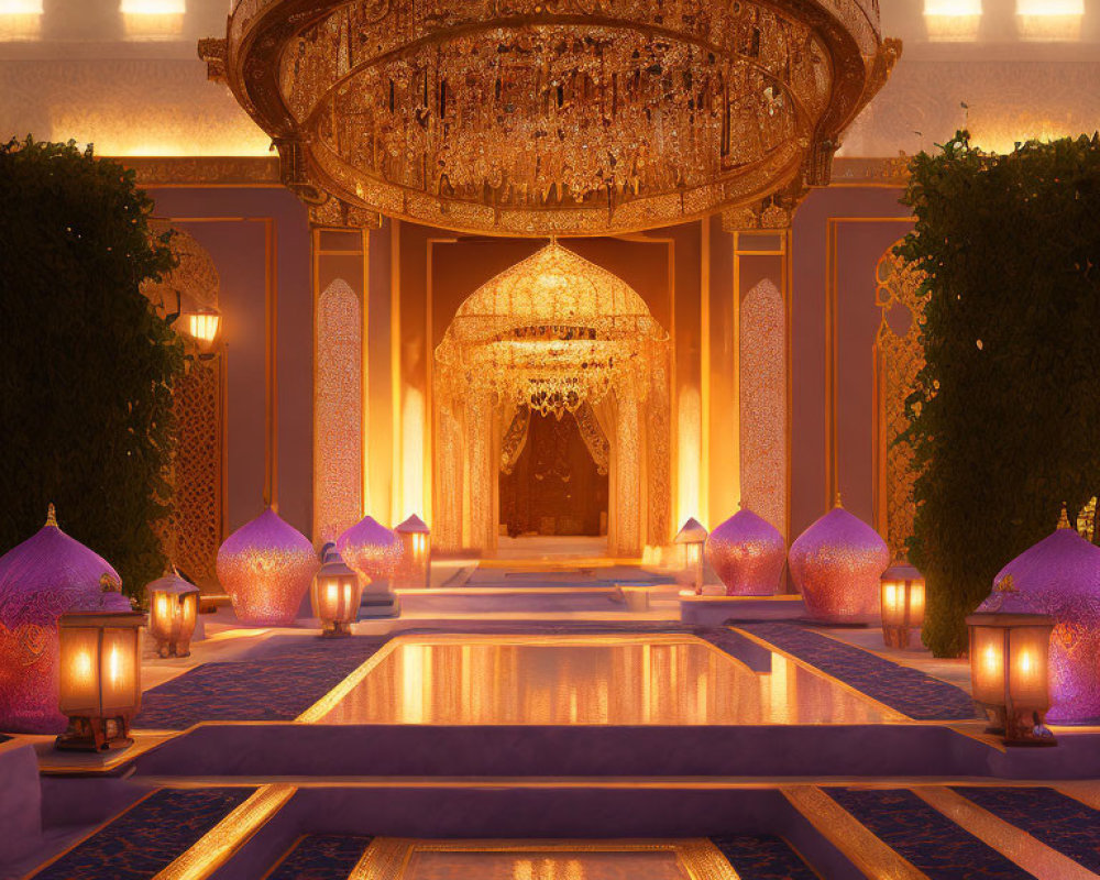 Luxurious Room with Golden Chandeliers and Reflective Pool