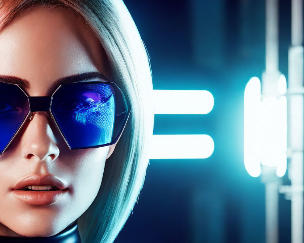 Stylish woman with futuristic makeup and neon lights reflection.