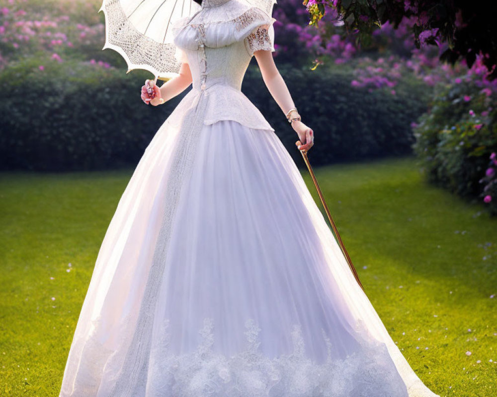 Woman in vintage white dress with parasol in lush garden full of purple flowers