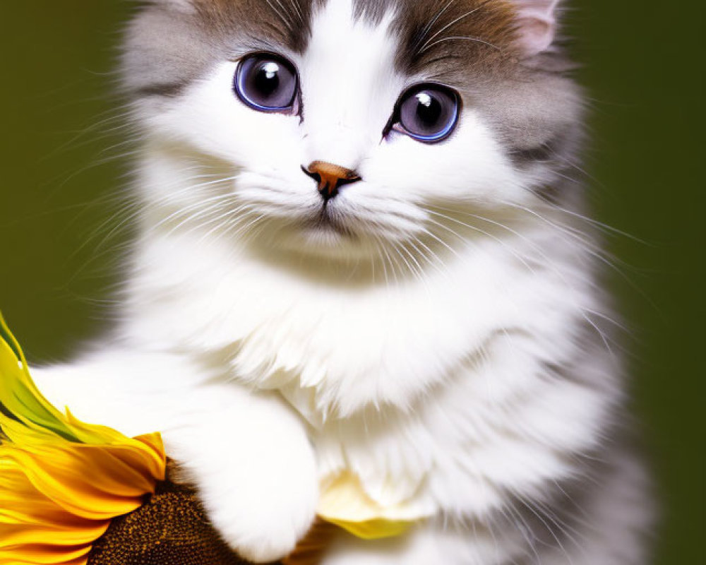 Fluffy white and grey cat with blue eyes hugging yellow sunflower on green background